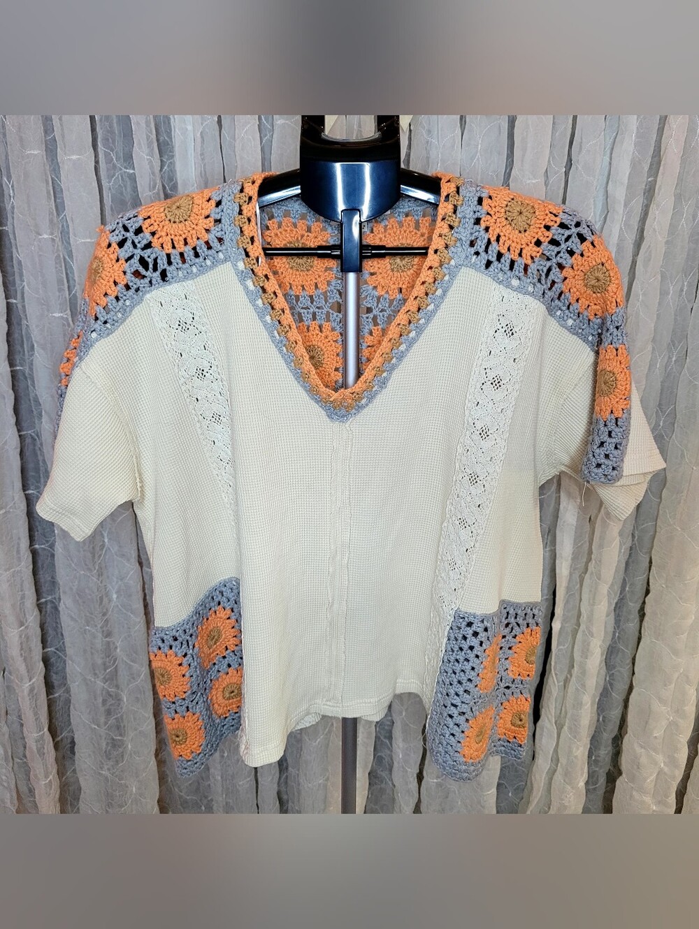 Oli & Hali Cream Orange Mixed Media Crochet Granny Square Waffle Knit Top M - Picture 5 of 9